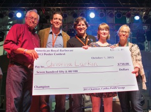 Walz Tetrick’s Charlie Tetrick (center), a director of the American Royal, presented Christina Larkin (second from right) with her winnings in the American Royal’s poster contest last year. Assisting him, (from left) were Cary Christensen, Bayer Healthcare; Mariner Kemper, UMB; and Cynthia Pistilli Savage, Raphael Hotel Group (right).